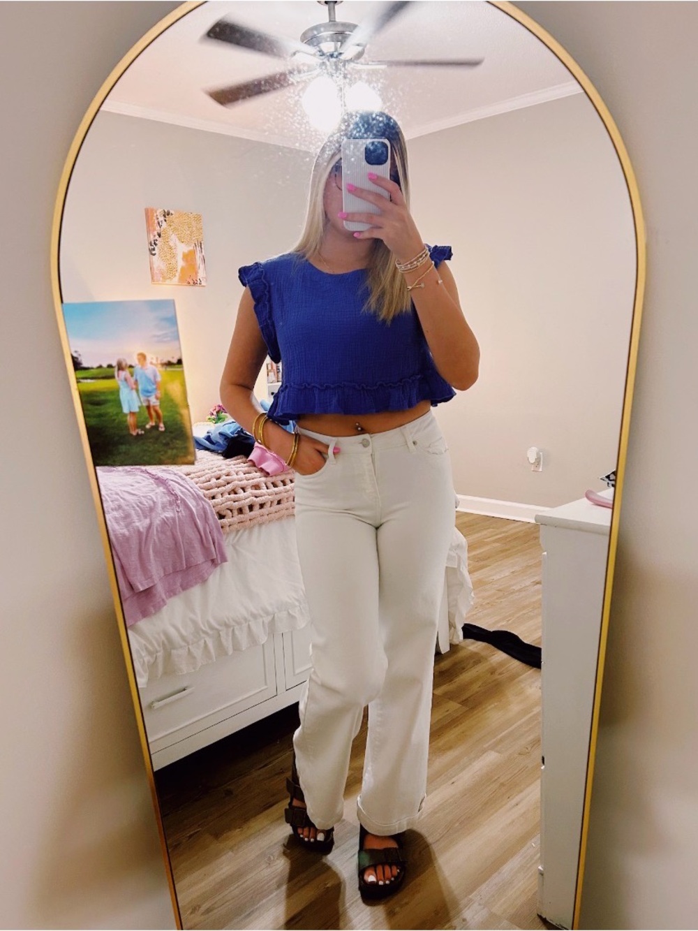 New Mix Royal Blue Cropped Ruffle-Sleeve Blouse